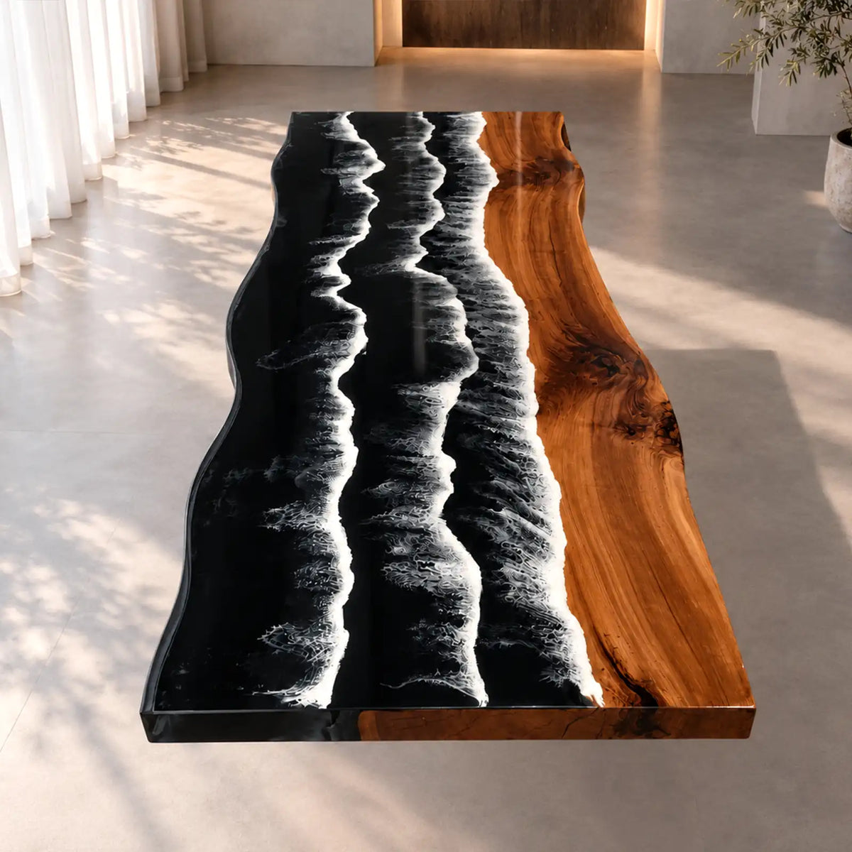 Custom Black Walnut Black Ocean Wave Epoxy Conference Table | ECT-424