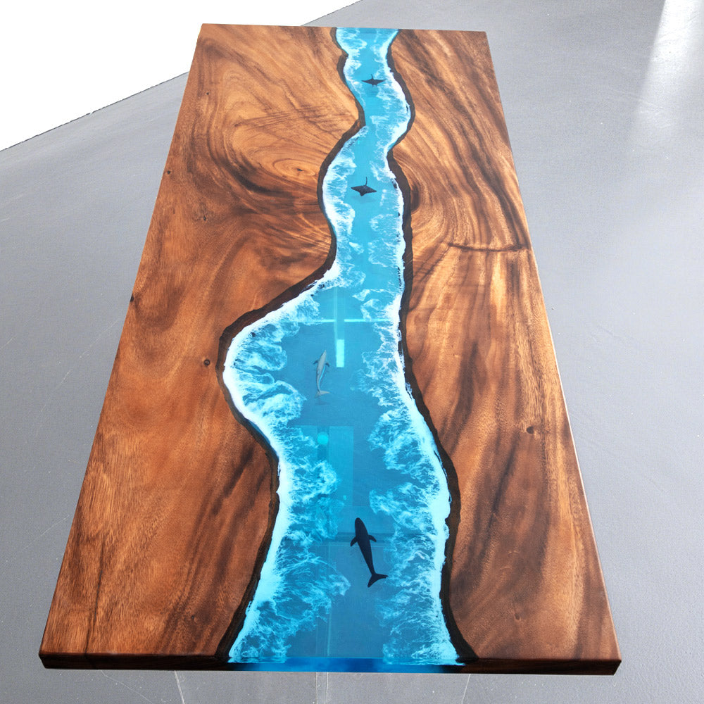 Elite Walnut Straight Edge Blue Ocean Epoxy Dinner Table with Marine Life Inlay ECT-250