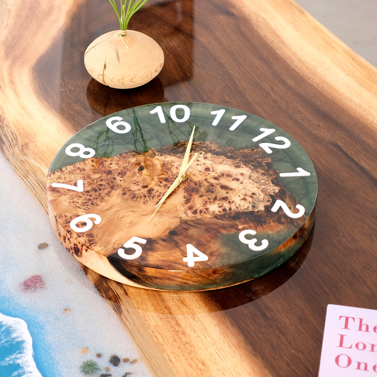 Elite Burl Wood Teal Epoxy Resin Wall Clock EWC-01 - 16''