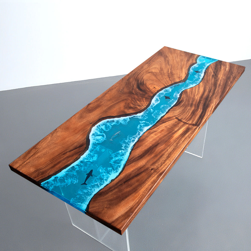 Elite Walnut Straight Edge Blue Ocean Epoxy Dinner Table with Marine Life Inlay ECT-250