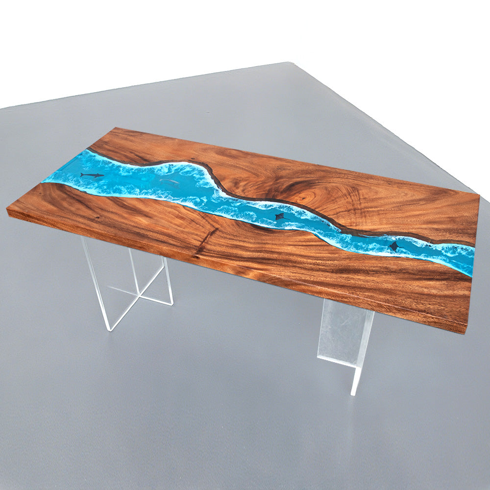 Elite Walnut Straight Edge Blue Ocean Epoxy Dinner Table with Marine Life Inlay ECT-250