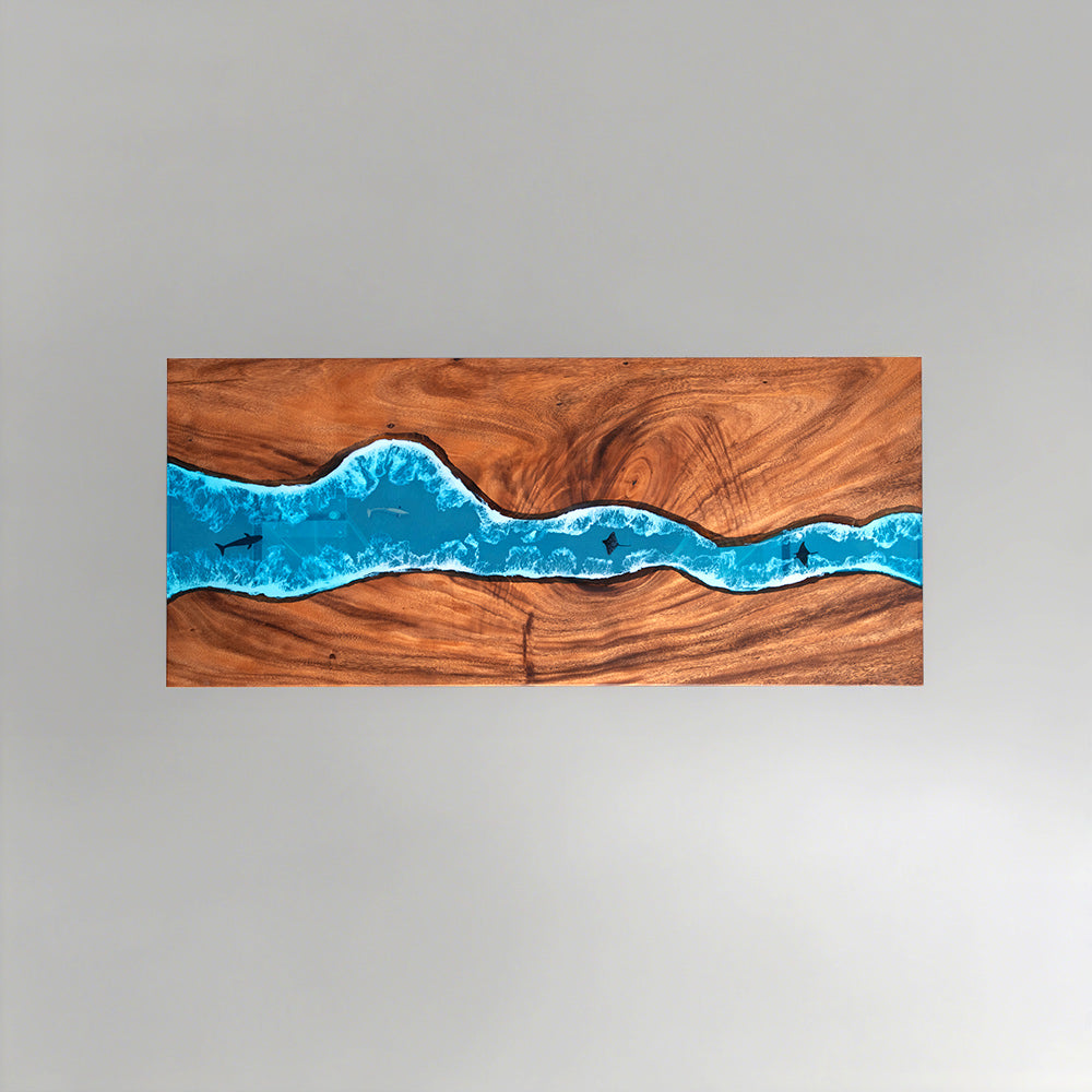 Elite Walnut Straight Edge Blue Ocean Epoxy Dinner Table with Marine Life Inlay ECT-250