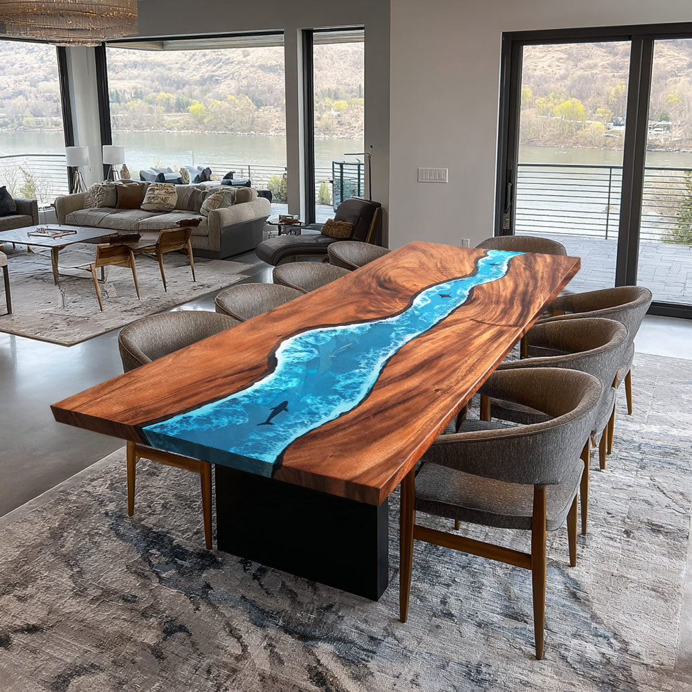 Elite Walnut Straight Edge Blue Ocean Epoxy Dinner Table with Marine Life Inlay ECT-250