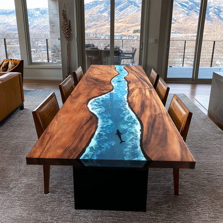 Elite Walnut Straight Edge Blue Ocean Epoxy Dinner Table with Marine Life Inlay ECT-250