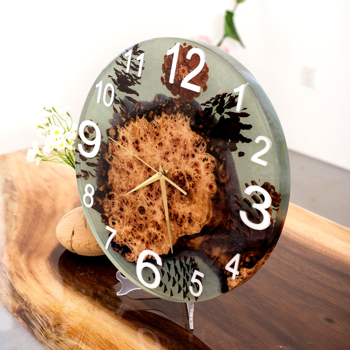 Elite Poplar Wood Burl & Dried Flower - Pine Nut Epoxy Resin Clock EWC-09 - 16''