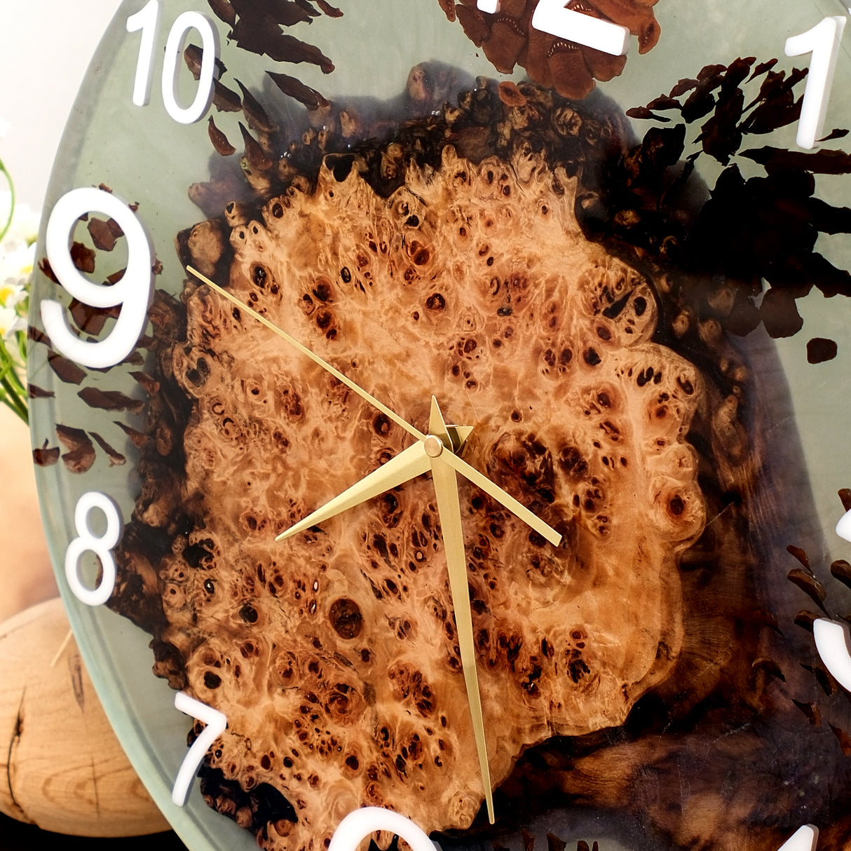 Elite Poplar Wood Burl & Dried Flower - Pine Nut Epoxy Resin Clock EWC-09 - 16''