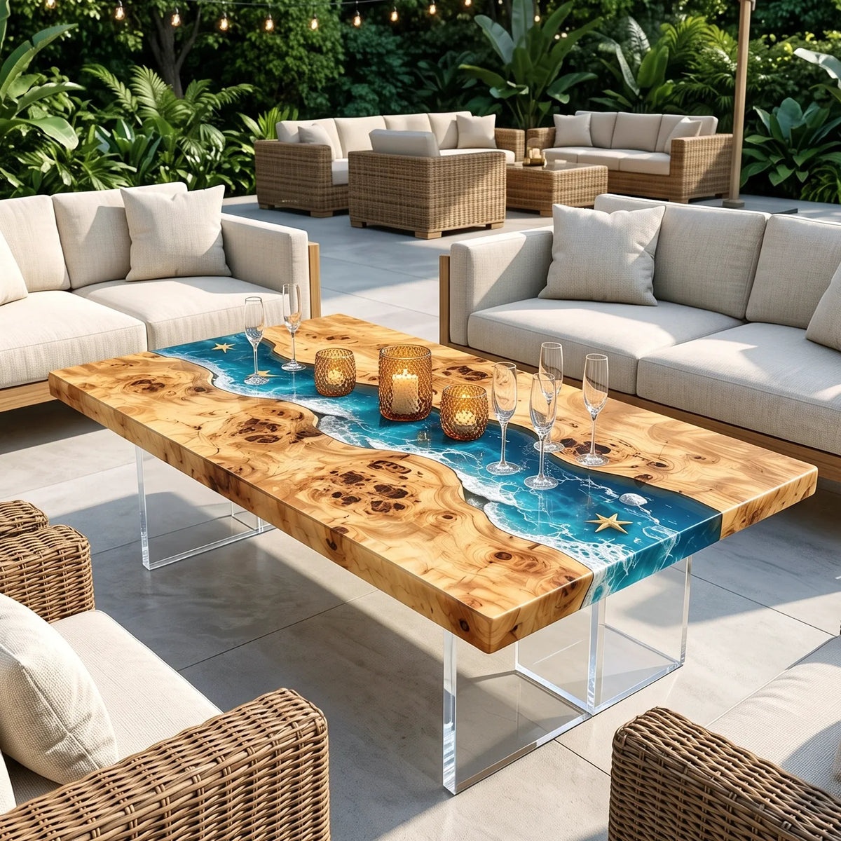 Custom Poplar Blue Ocean Wave Epoxy Patio Table | ECT-420