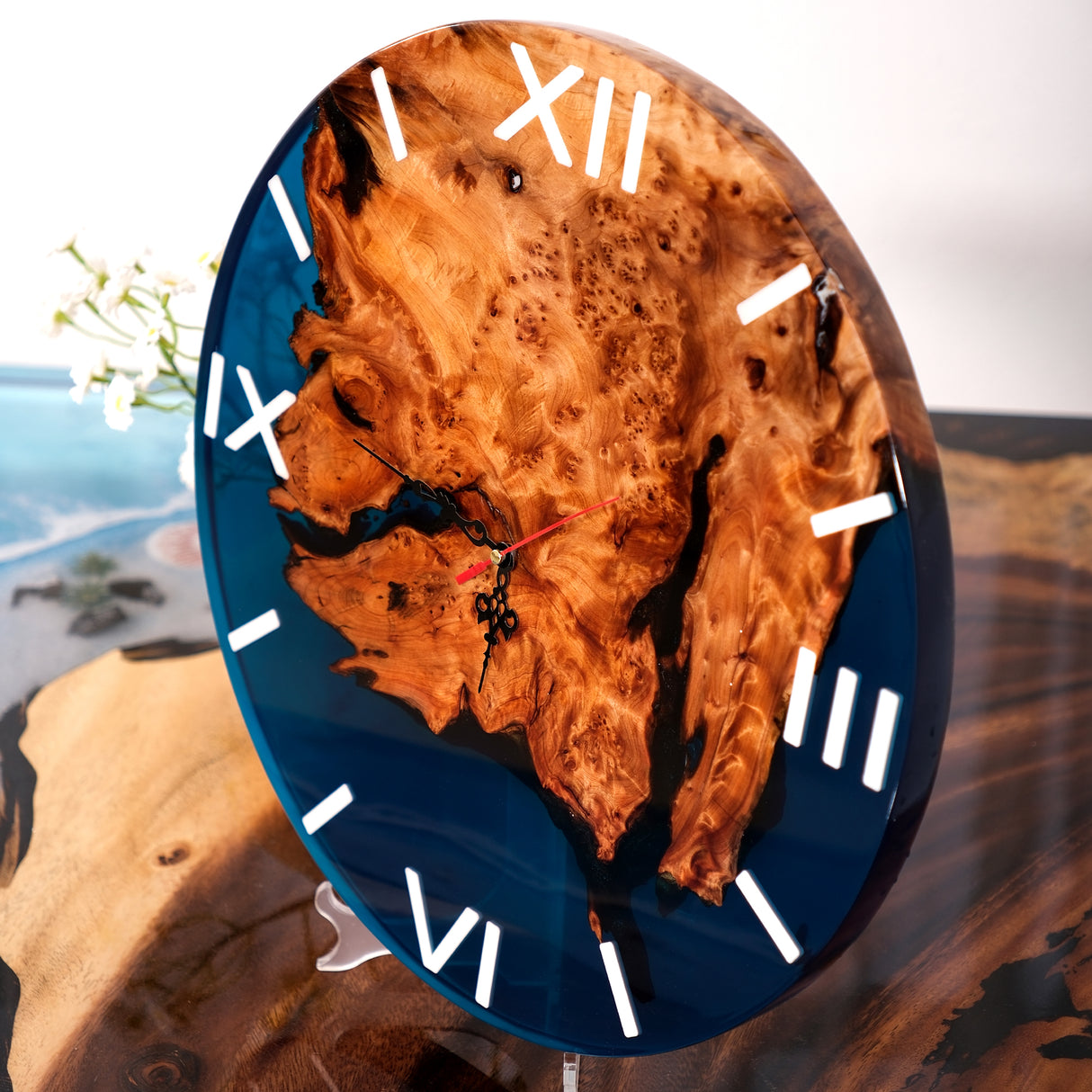 Elite Modern - Rustic Walnut Wall Clock with Blue Epoxy Resin EWC-11 - 16''