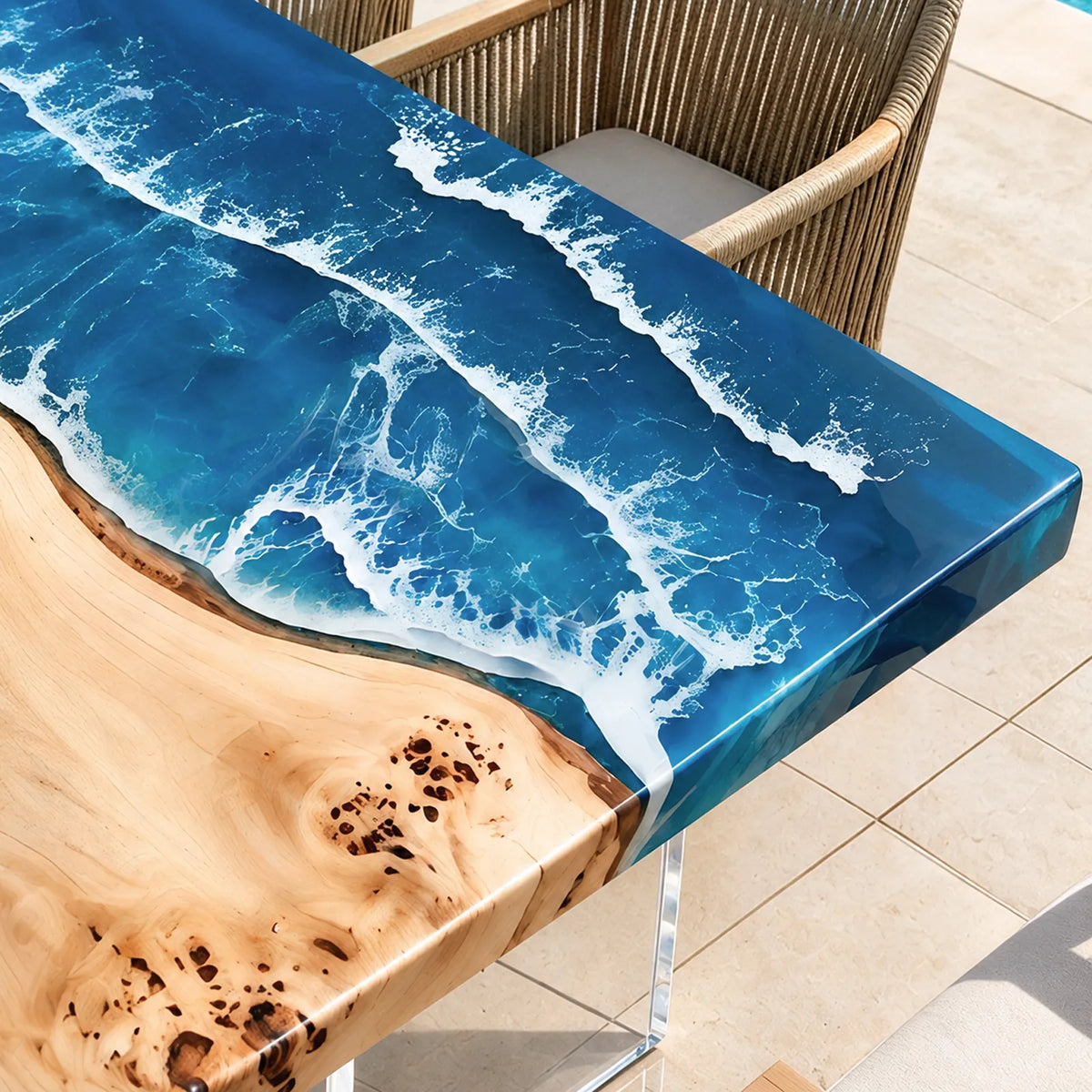 Custom Poplar Ocean Wave Epoxy Patio Dining Table | ECT-419