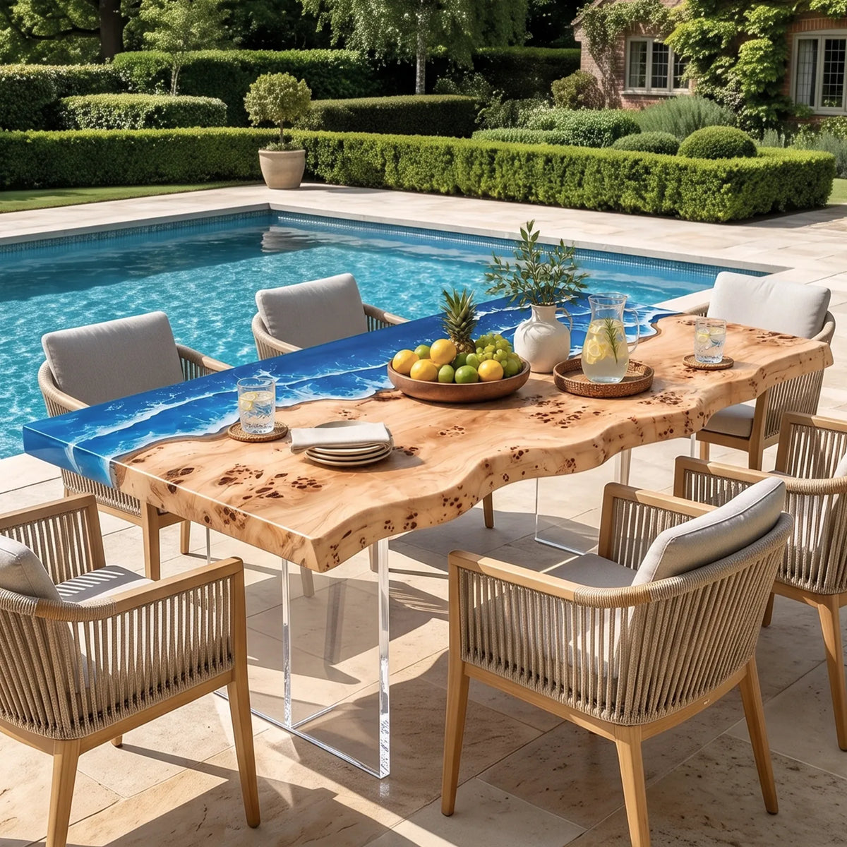 Custom Poplar Ocean Wave Epoxy Patio Dining Table | ECT-419