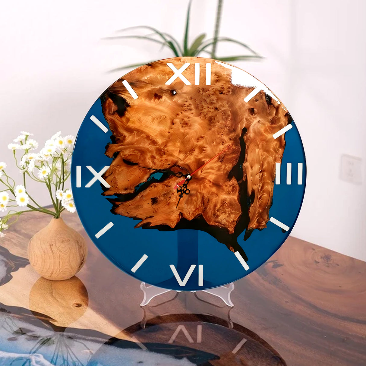 Elite Modern - Rustic Walnut Wall Clock with Blue Epoxy Resin EWC-11 - 16''