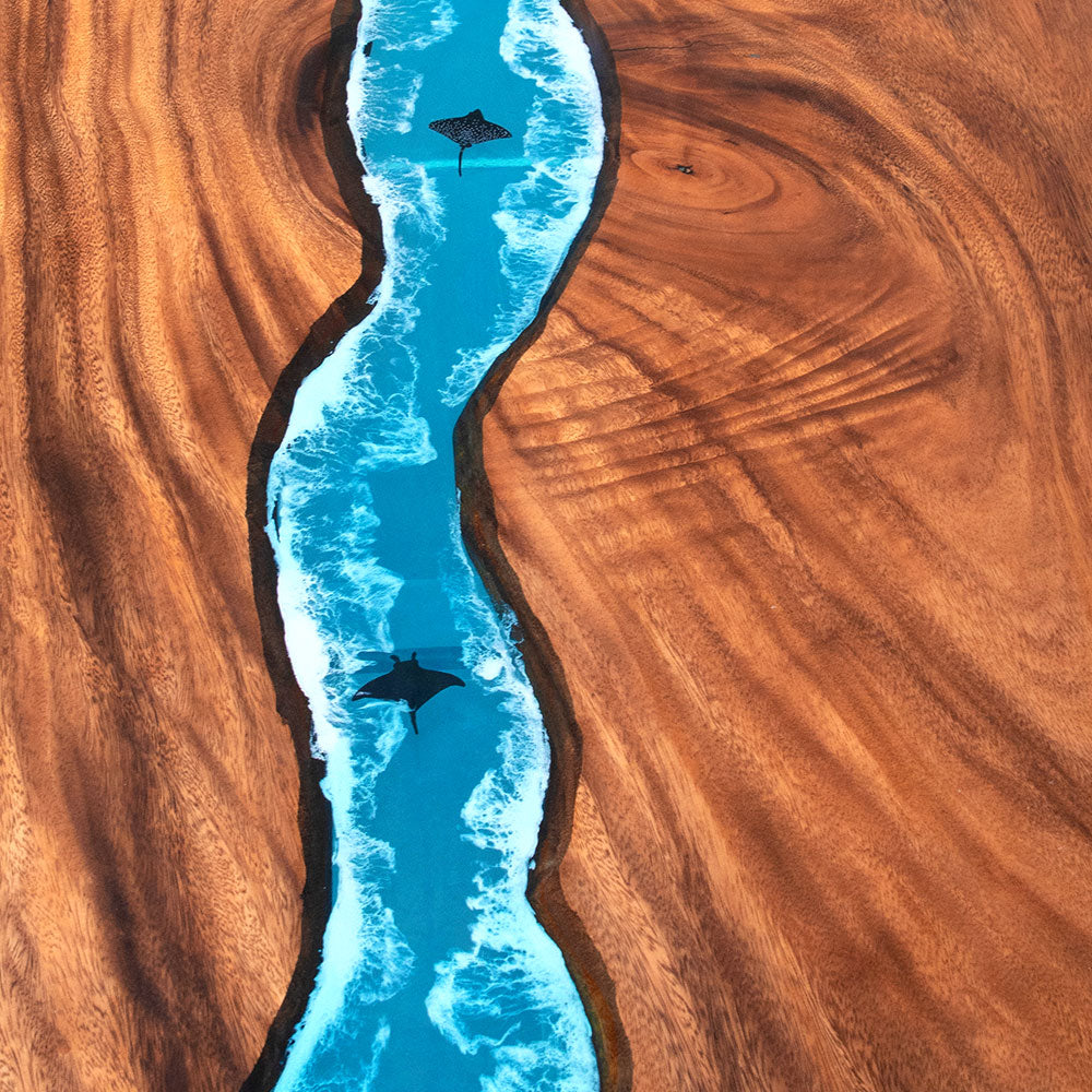 Elite Walnut Straight Edge Blue Ocean Epoxy Dinner Table with Marine Life Inlay ECT-250