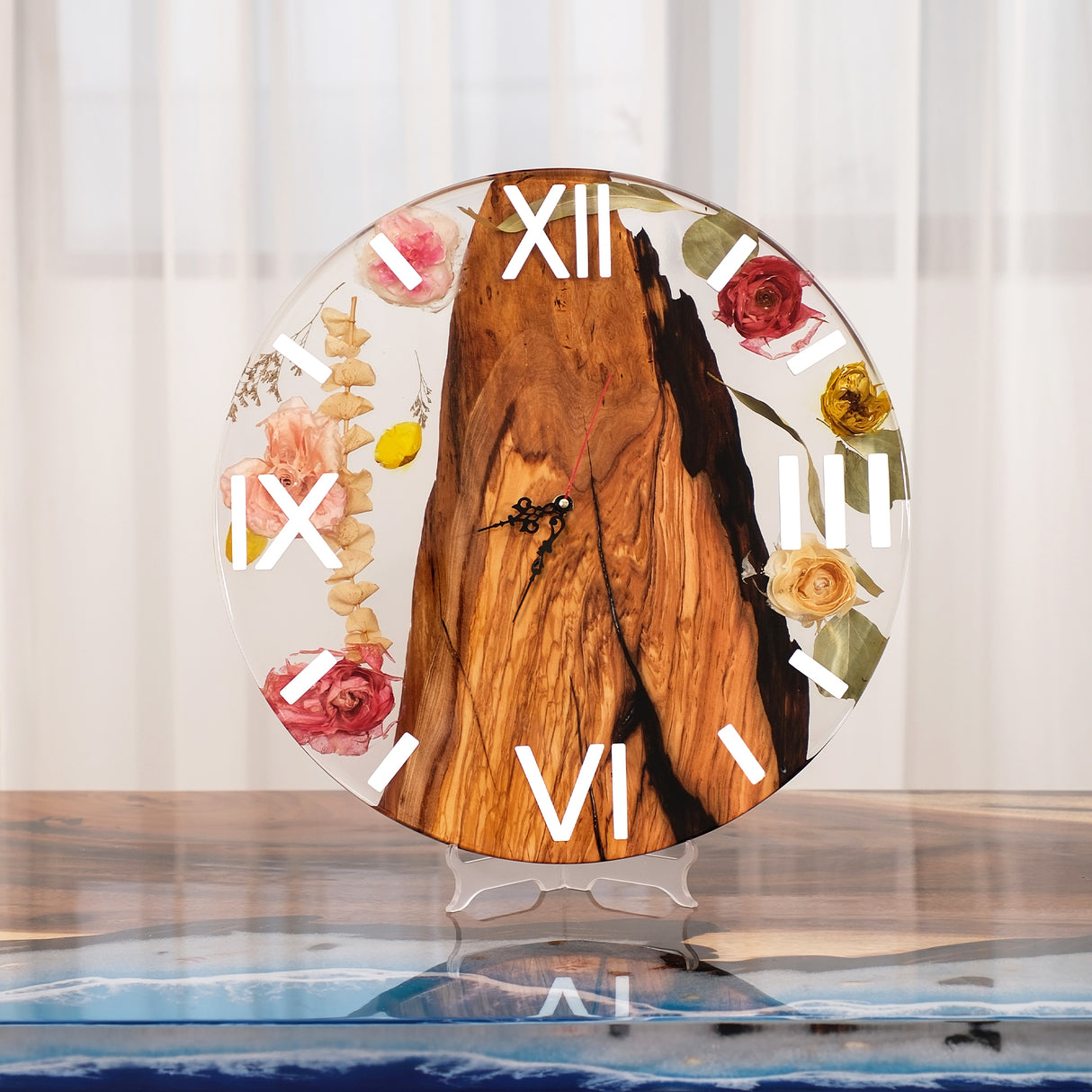 Elite Poplar Wood Dried Flower Epoxy Resin Wall Clock EWC-12 - 16''