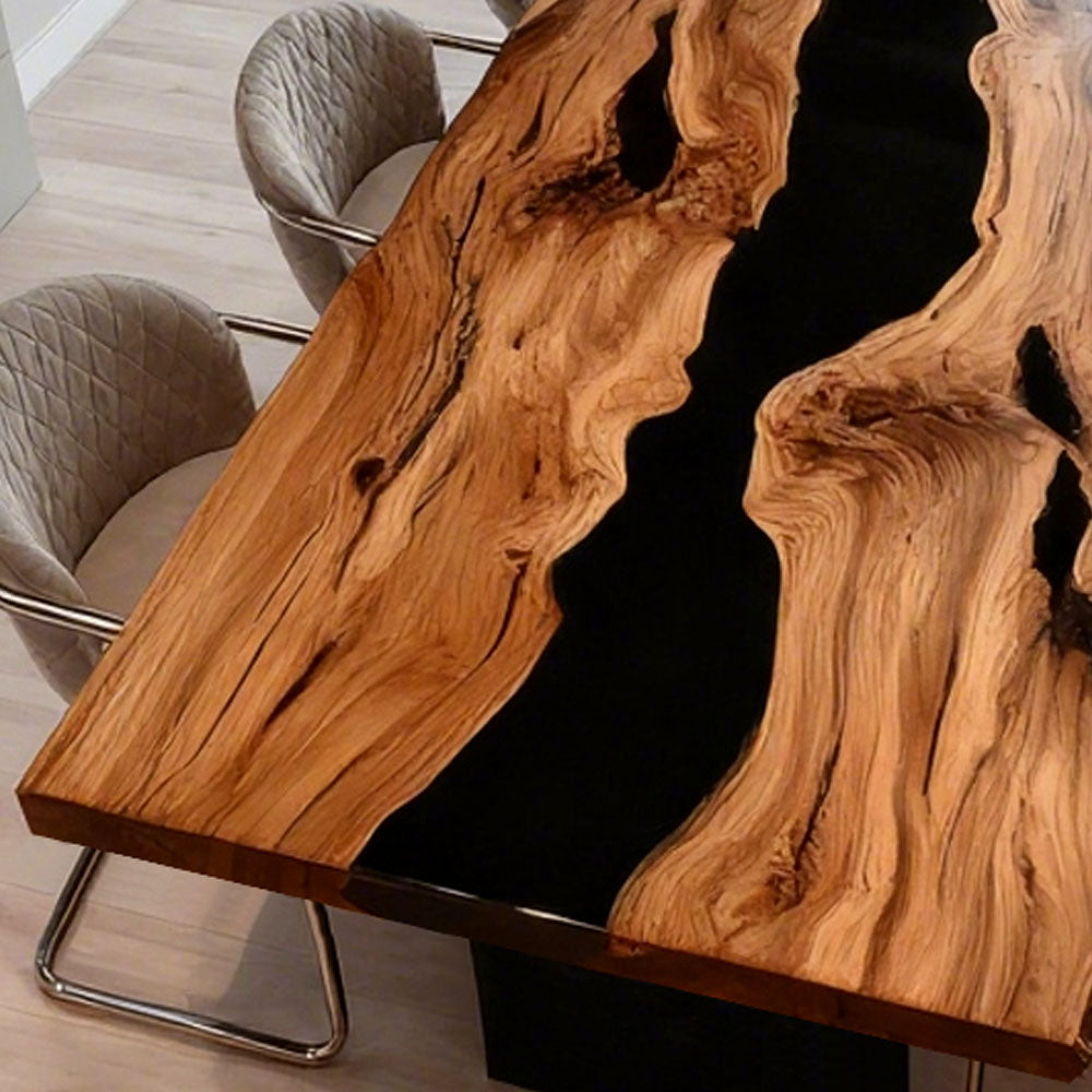 Elite Live - Edge Olive Wood Dining Table with Deep Blue Resin Inlay ECT-241