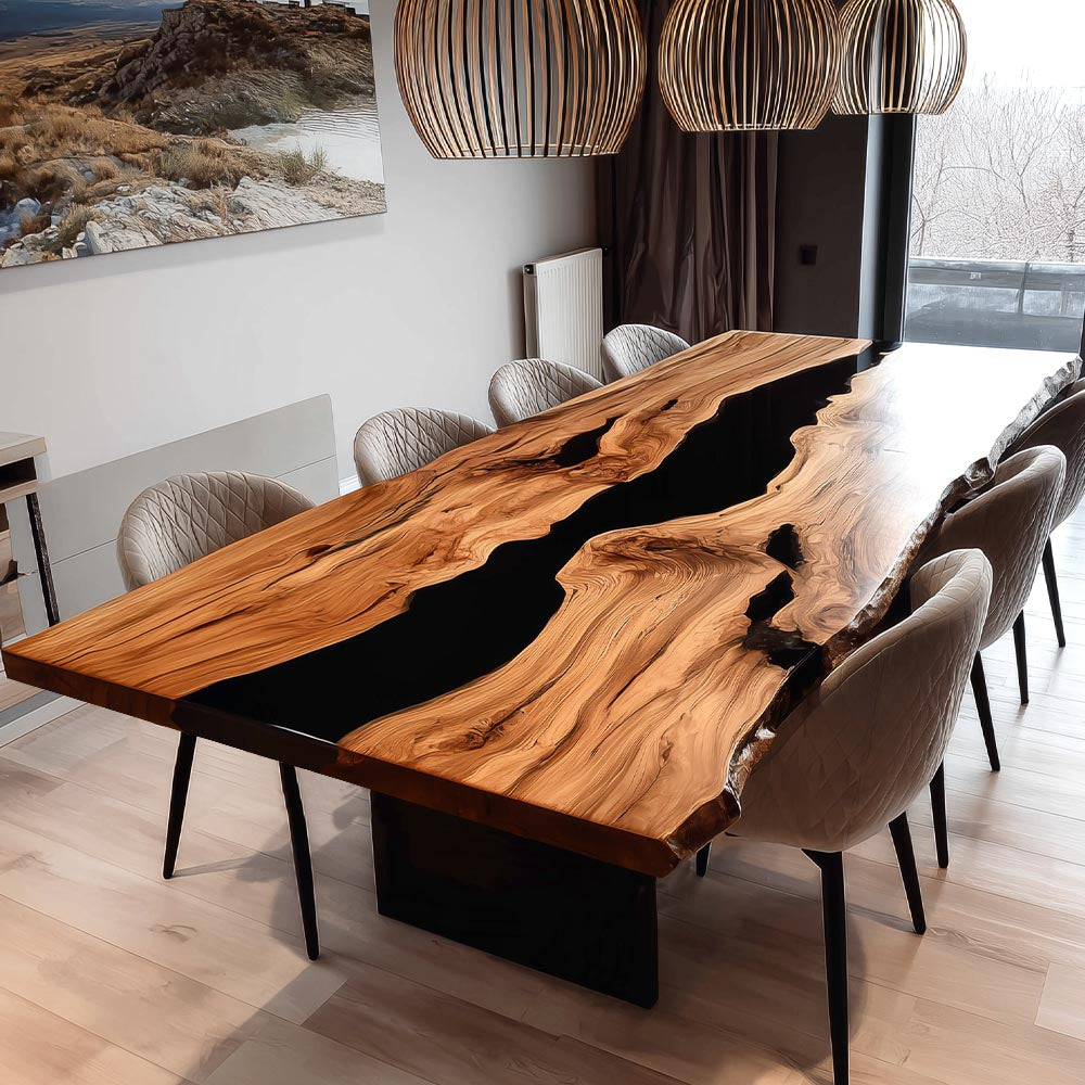 Elite Live - Edge Olive Wood Dining Table with Deep Blue Resin Inlay ECT-241