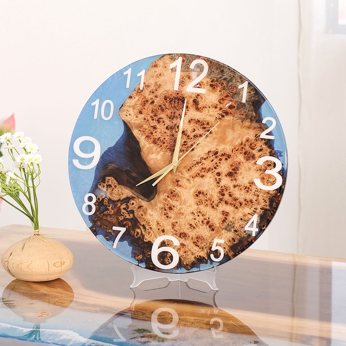 Elite Poplar Wood Burl & Blue Epoxy Resin Decorative Wall Clock EWC-14 - 16''