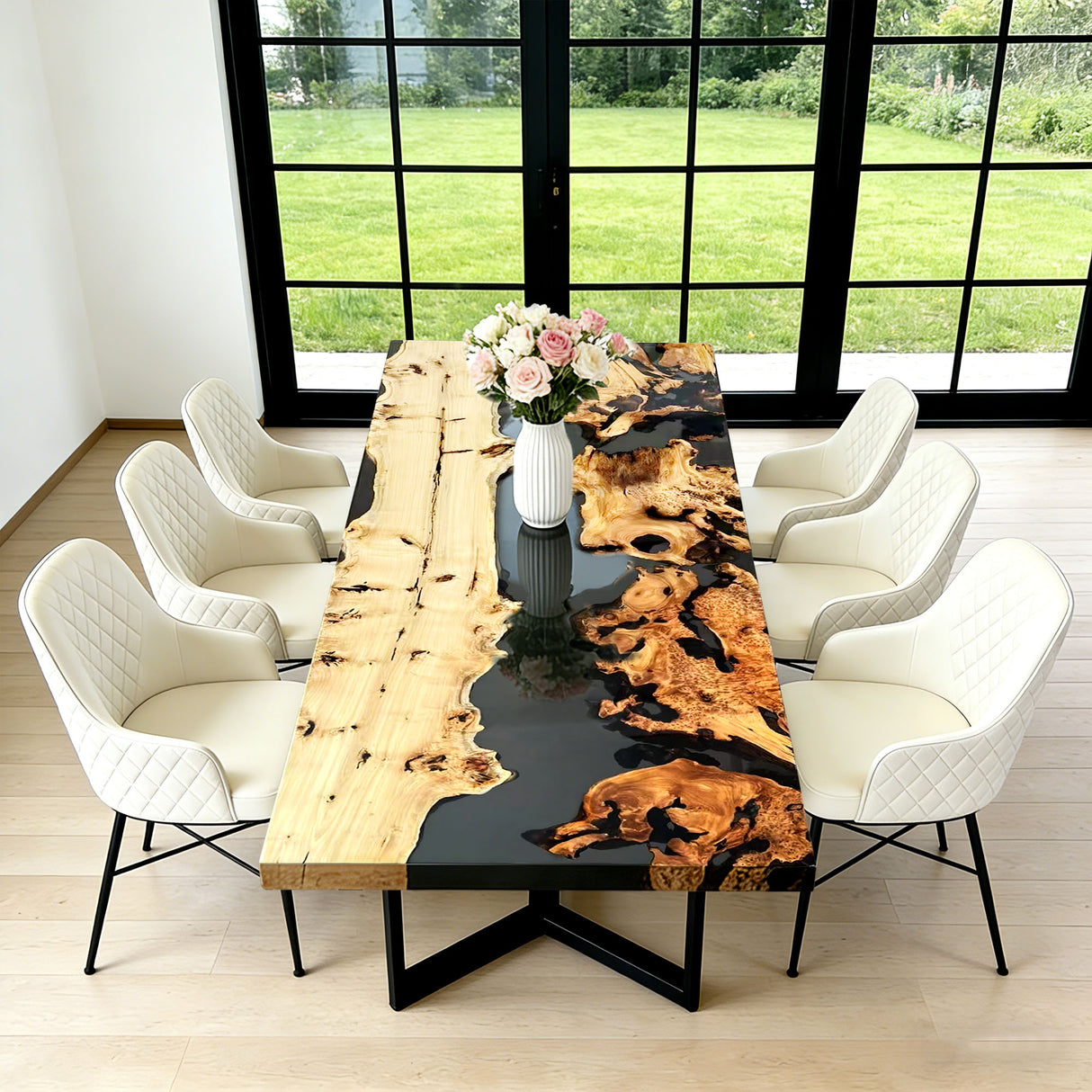 Elite Poplar & Cunninghamia Wood with Transparent Black - Gray Epoxy Resin Dining Table ECT-160