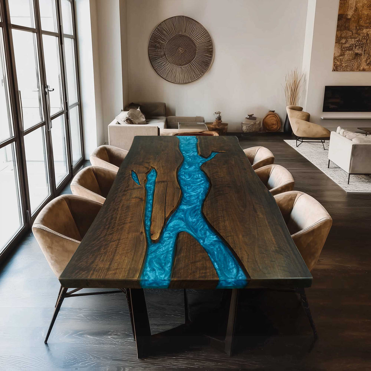 Elite Live - Edge Black Walnut Dining Table with Peacock Blue Resin Inlay 60.24‘’L×40.16''W, EIT-08