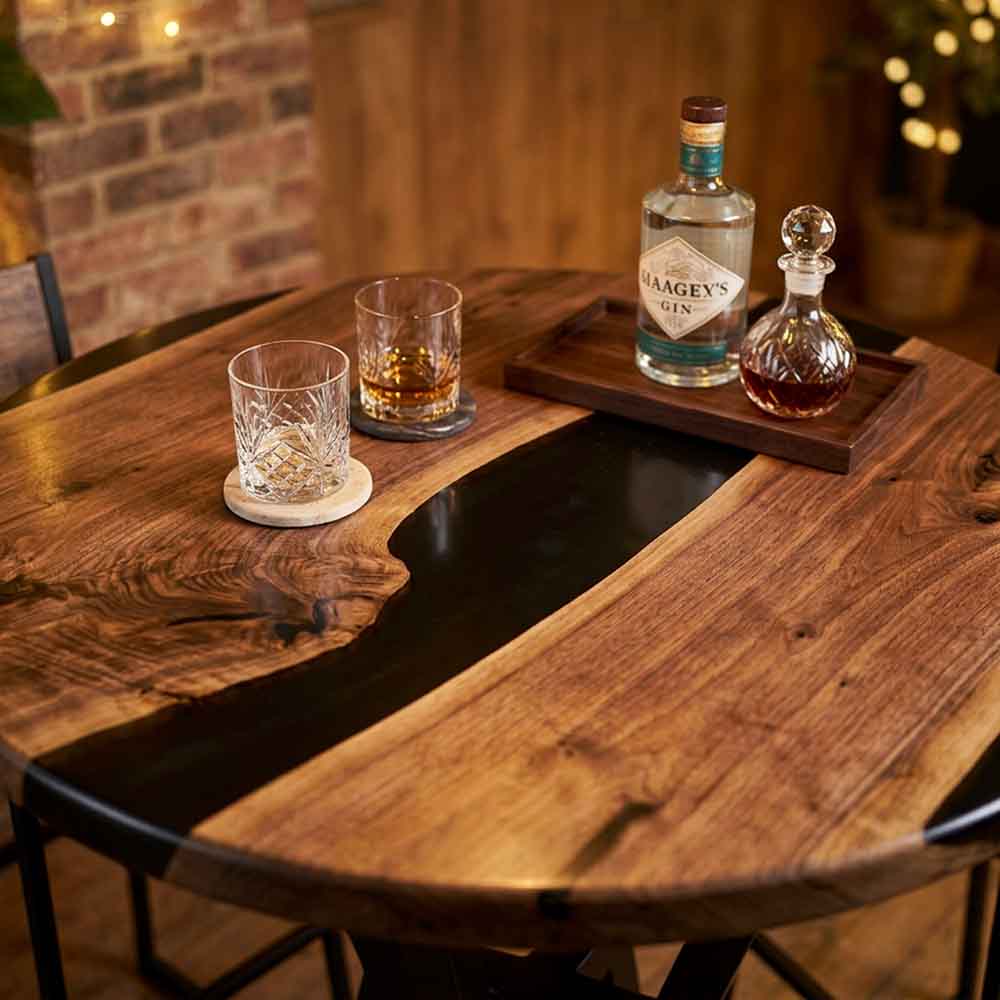 Custom Round Black Epoxy Resin Home Bar Table – 100% Solid Walnut | ECT-347