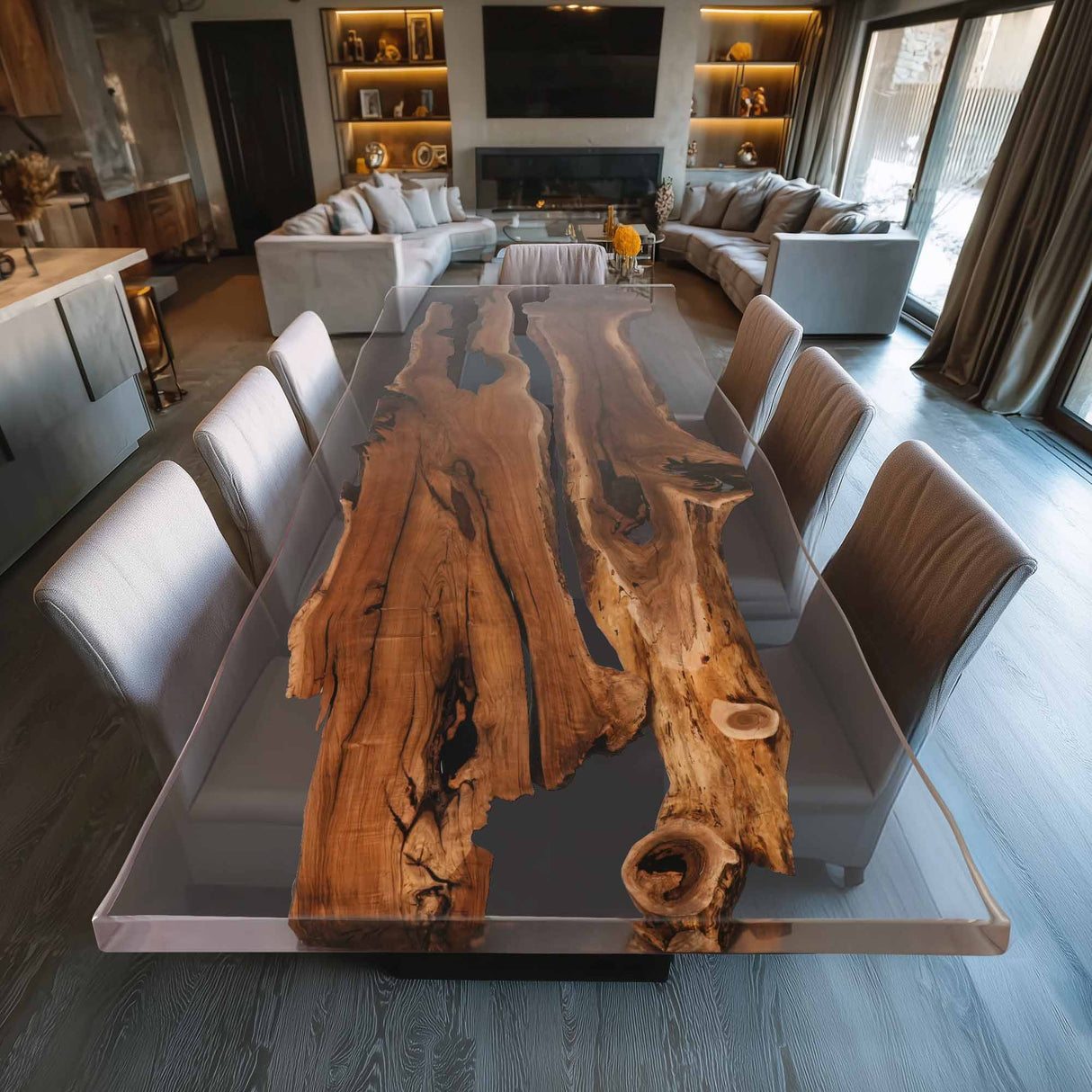Elite Straight Live - Edge Black Walnut Dining Table with Transparent Resin 170.08''L×59.84''W, EIT-22