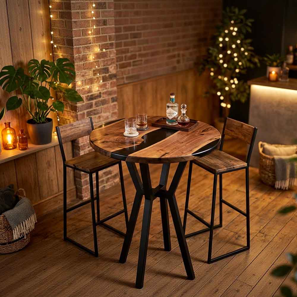 Custom Round Black Epoxy Resin Home Bar Table – 100% Solid Walnut | ECT-347