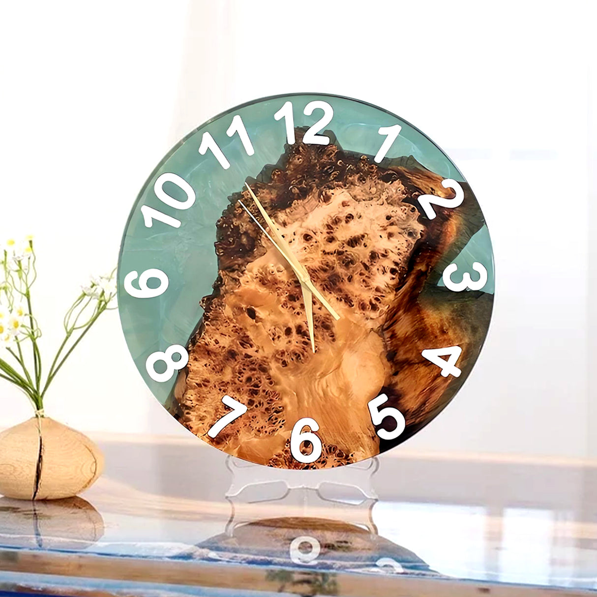 Elite Burl Wood Teal Epoxy Resin Wall Clock EWC-01 - 16''