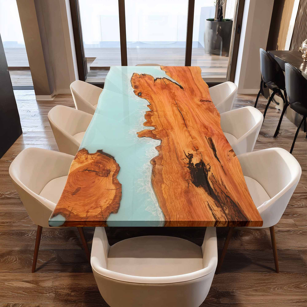 Elite Live - Edge Olive Wood Dining Table with Blue Resin Wave 84‘’L×42''W, EIT-13