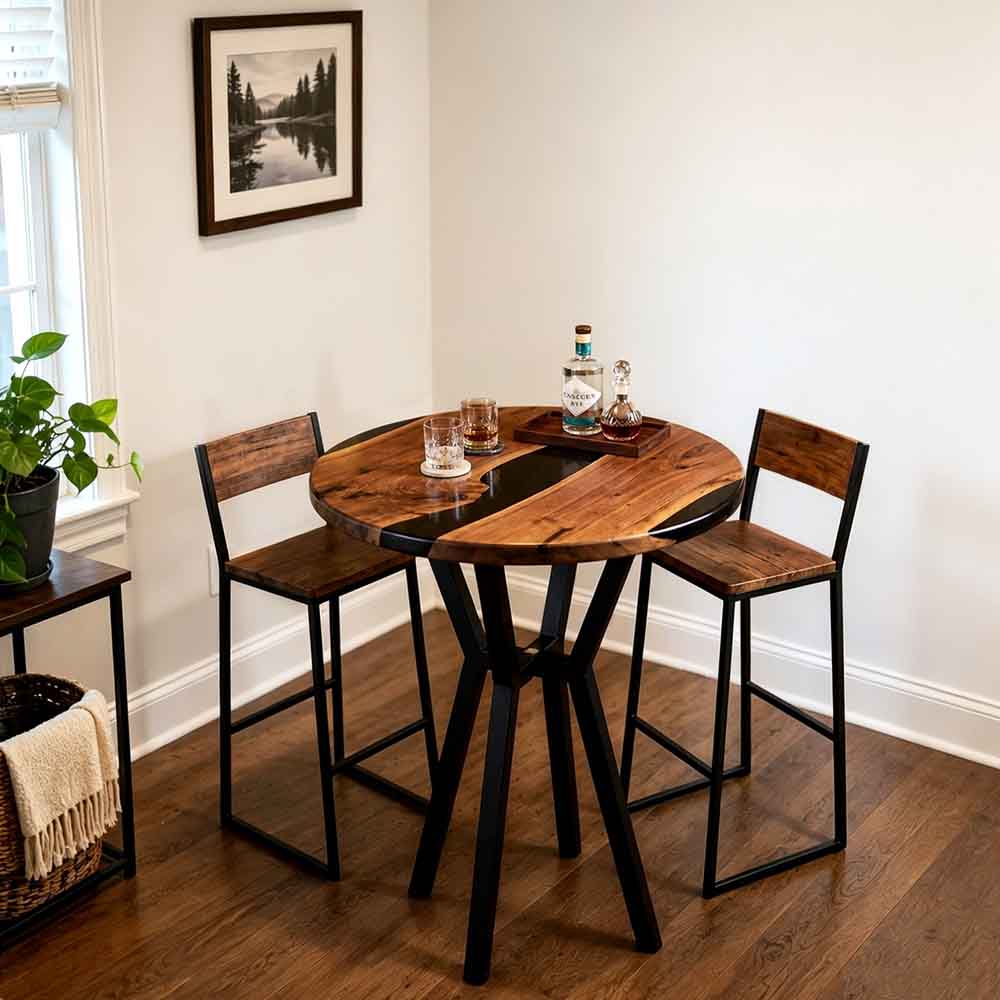 Custom Round Black Epoxy Resin Home Bar Table – 100% Solid Walnut | ECT-347
