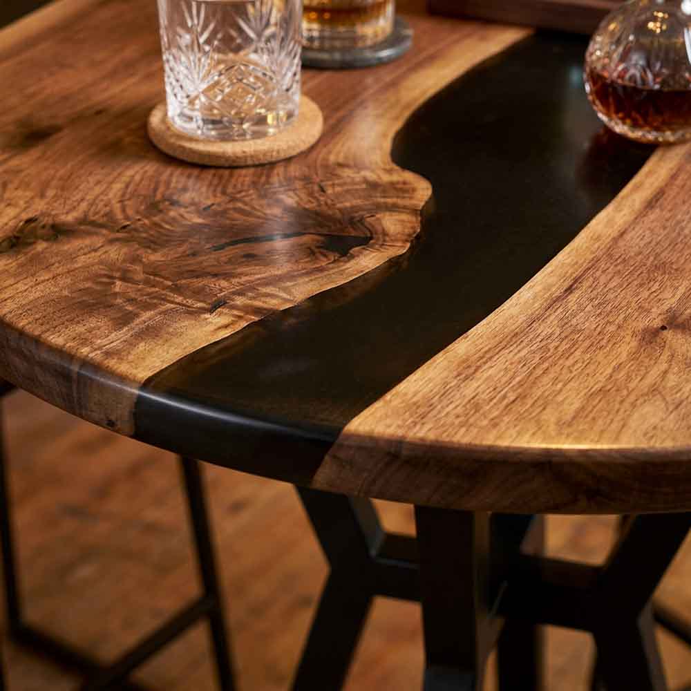 Custom Round Black Epoxy Resin Home Bar Table – 100% Solid Walnut | ECT-347