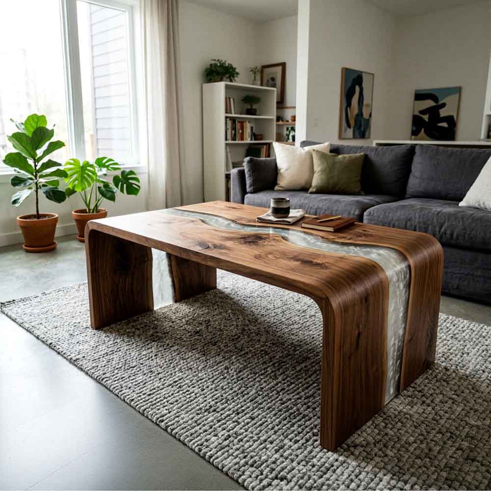 Custom Turquoise Epoxy Resin Coffee Table – 100% Solid Walnut Wood | ECT-354