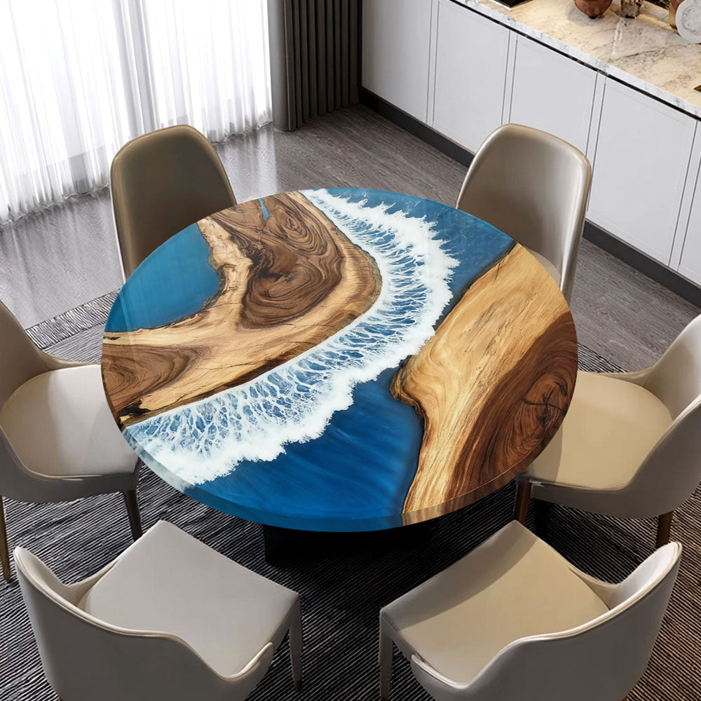 Elite Round Walnut Dining Table with Sea Wave - Inspired Resin Inlay ECT-13