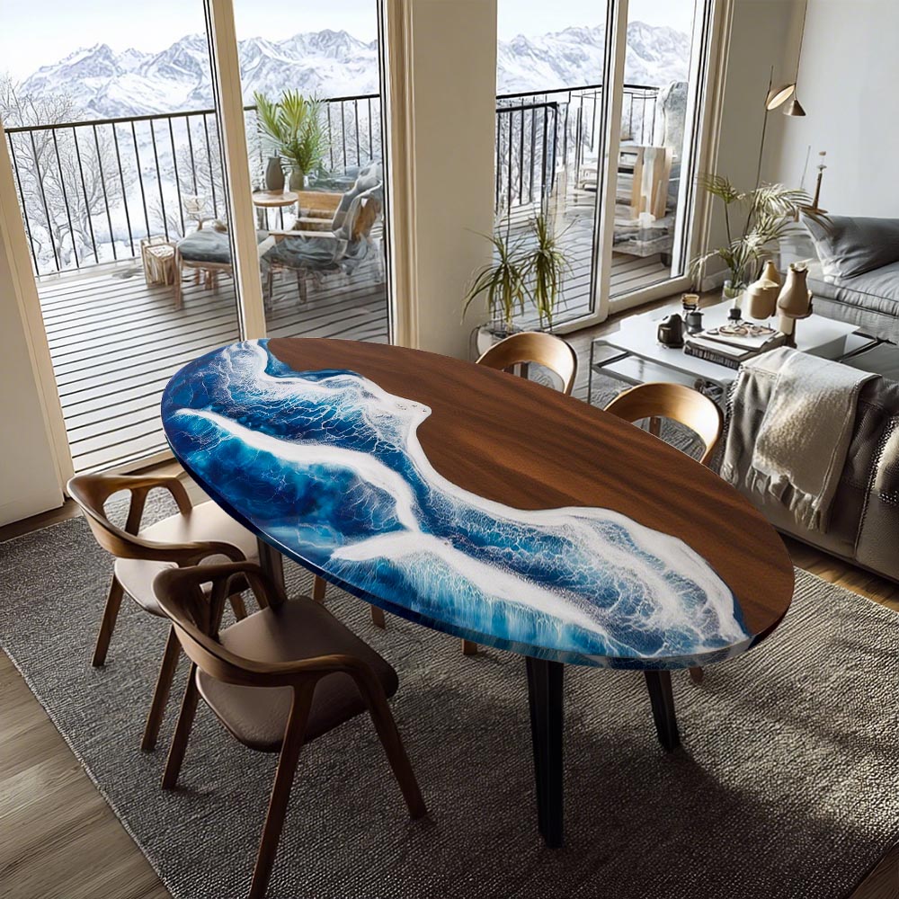 Elite Oval Black Walnut Dining Table with Ocean - Wave Blue Resin Inlay ECT-246