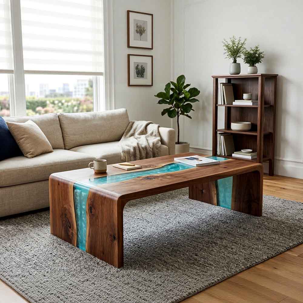 Custom Turquoise Epoxy Resin Coffee Table – 100% Solid Walnut Wood | ECT-354