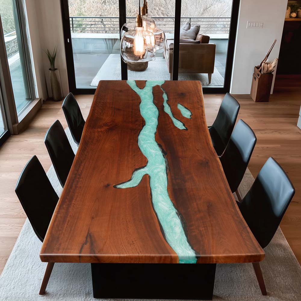 Elite Black Walnut Wood with Mint Green Epoxy Resin Dining Table ECT-178