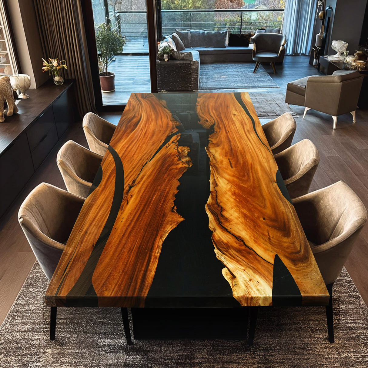 Elite Straight - Edge Walnut Dining Table with Pure Black Resin Inlay 96.06‘’L×48.03''W, EIT-03