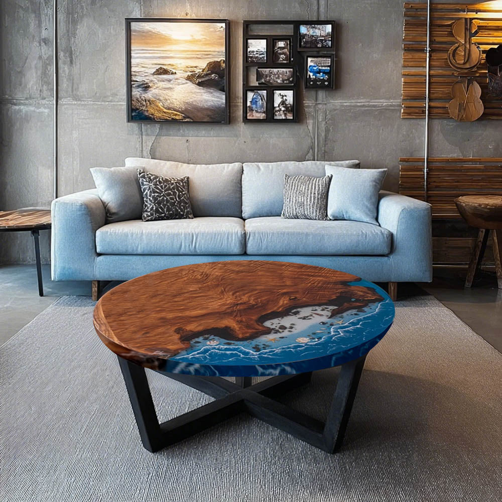 Elite 47.05" Diameter Round Walnut Table with Ocean - themed Resin Inlay EIT-39