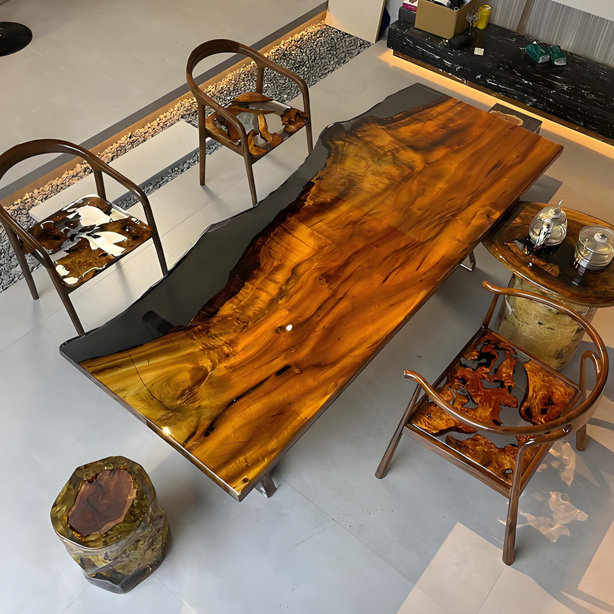 Elite Live Edge Golden Camphor Black Epoxy Resin Dining Table 38.58"Wx89.37"L, EIT-37