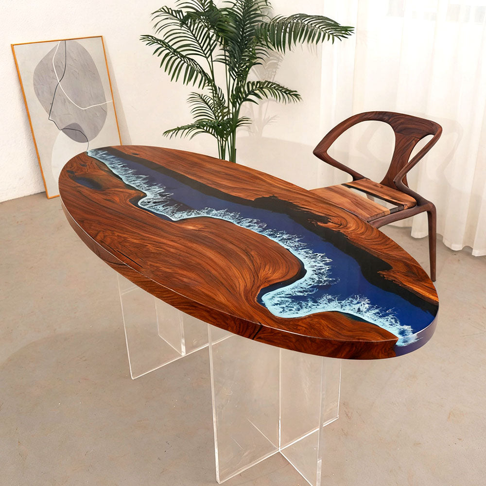 Elite Oval Black Walnut Dining Table with Azure Wave Resin Inlay ECT-249