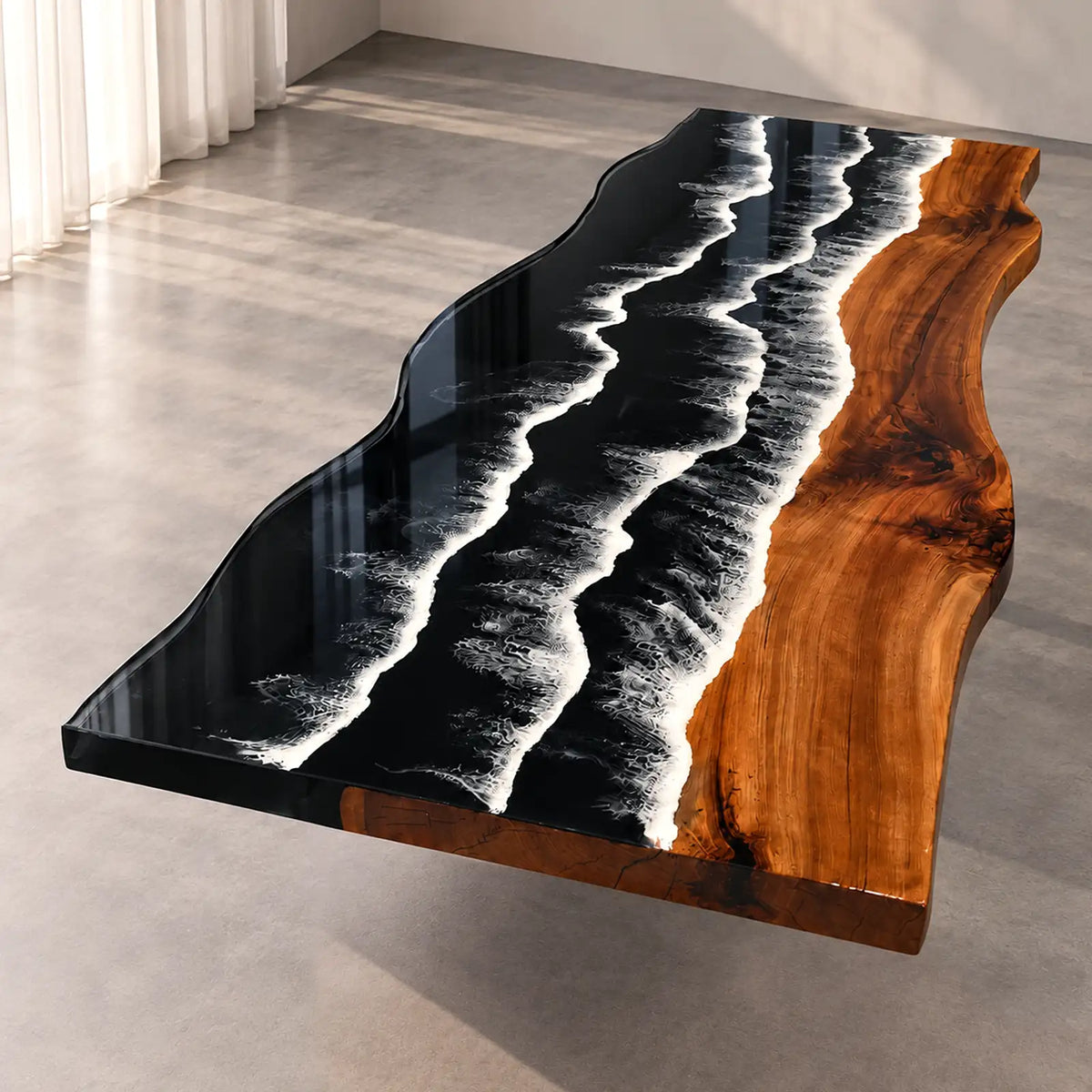 Custom Black Walnut Black Ocean Wave Epoxy Conference Table | ECT-424