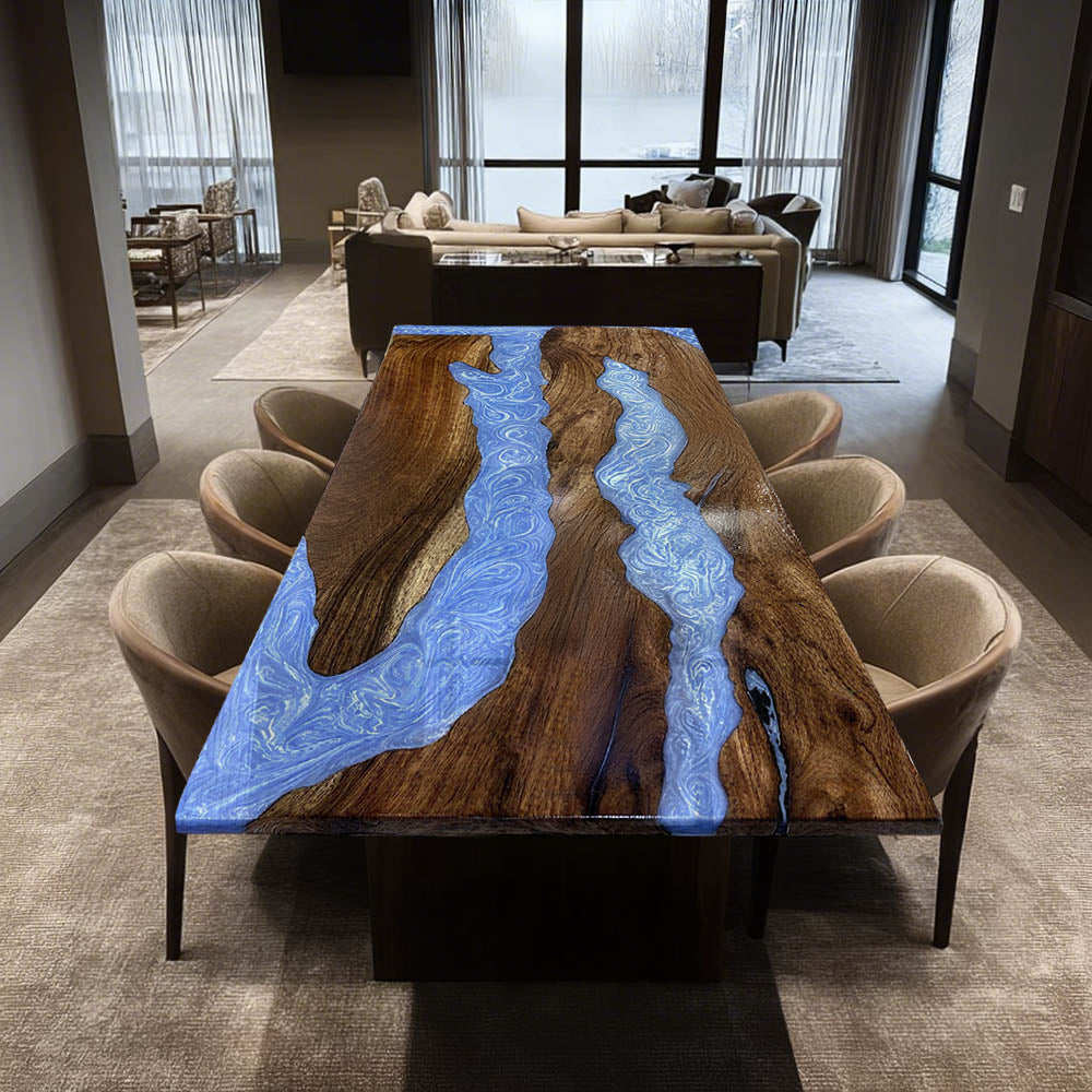 Elite Straight - Edge Walnut Dining Table with Sky - Blue Resin Inlay ECT-233