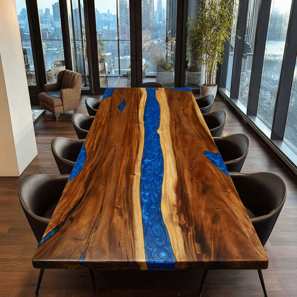 Elite Straight - Edge Walnut Dining Table with Irregular Blue Resin 72.05''L×36.22''W, EIT-35