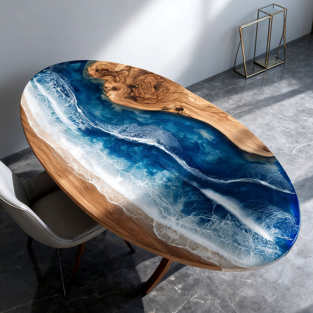 Elite Oval - Shaped Olive Wood Dining Table with Ocean - Inspired Blue Resin Inlay ECT-243