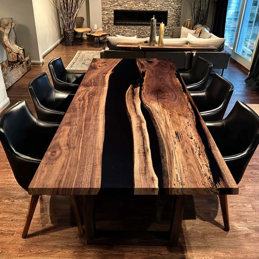 Elite Black Walnut with Natural Wormholes and Black Epoxy Dining and Conference Table ECT-167