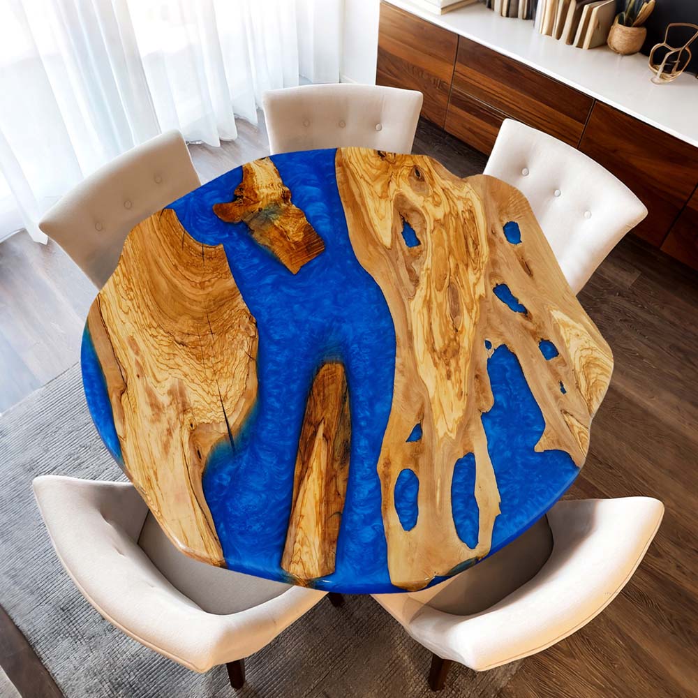 Elite Olive Wood with Flowing Ocean Blue Epoxy Resin Irregular Live - Edge Round Coffee & Dining Table ECT-184