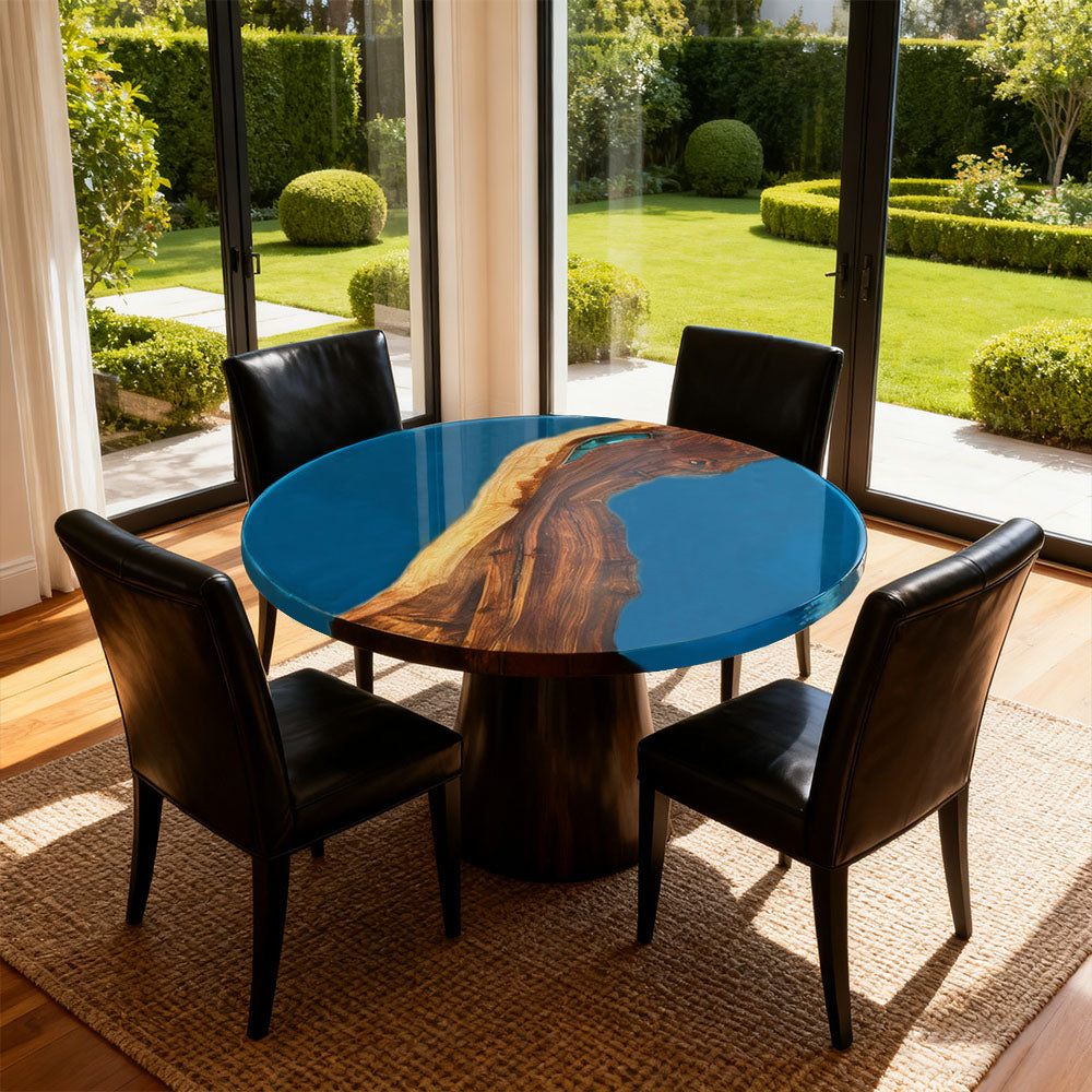 Elite Walnut Vibrant Blue Epoxy Round Dinner Table ECT-258
