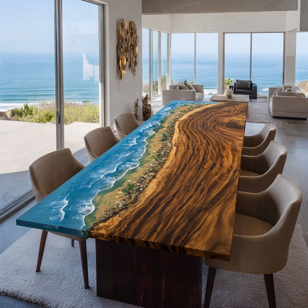 Elite Walnut Straight Edge Blue Ocean Epoxy Rectangular Dinner Table ECT-251