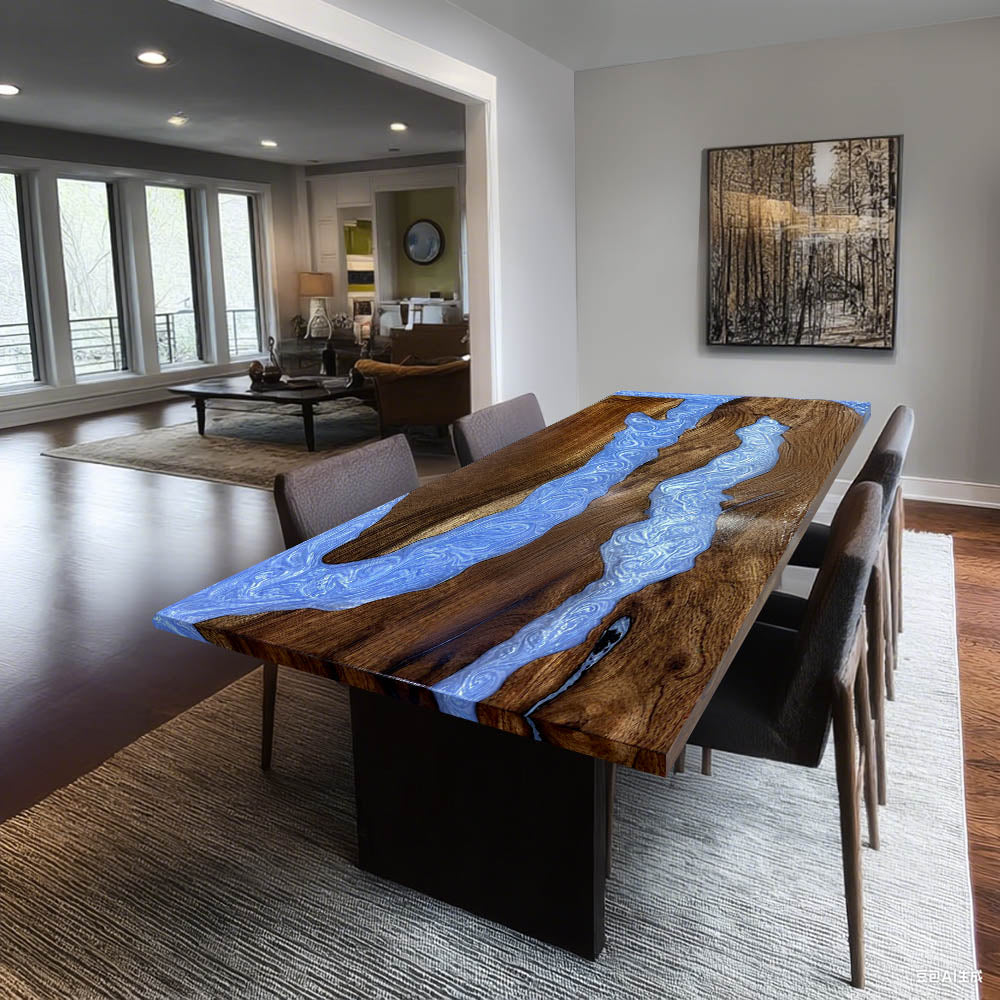 Elite Straight - Edge Walnut Dining Table with Sky - Blue Resin Inlay ECT-233