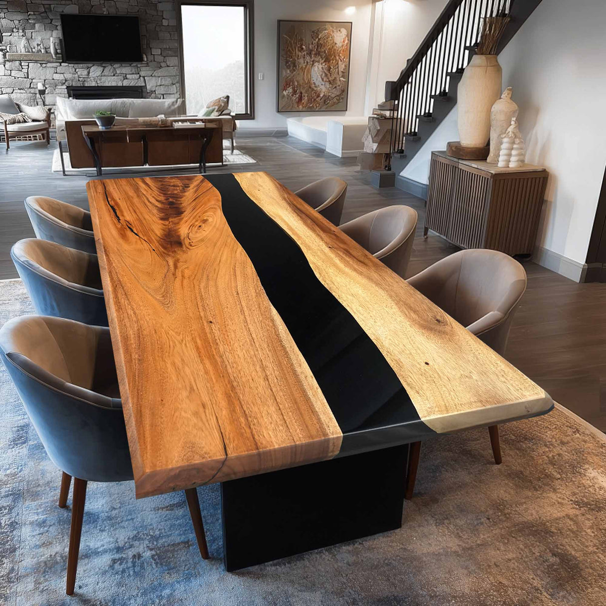 Elite Bevel - Edge Walnut Dining Table with Black Epoxy Inlay 59.84''L×35.83‘’W EIT-17