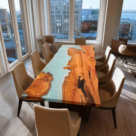 Elite Live - Edge Olive Wood Dining Table with Blue Resin Wave 84‘’L×42''W, EIT-13