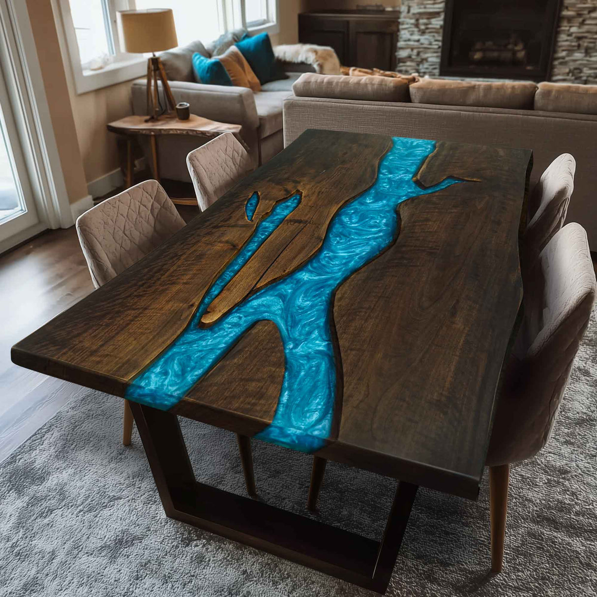 Elite Live - Edge Black Walnut Dining Table with Peacock Blue Resin Inlay 60.24‘’L×40.16''W, EIT-08